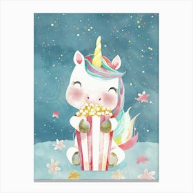 Cute Pastel Unicorn Eating Popcorn Blue Background 2 Canvas Print