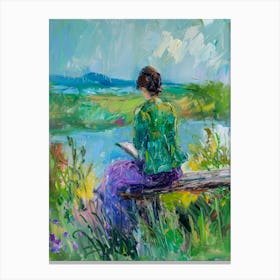 Woman Reading By The Lake Canvas Print