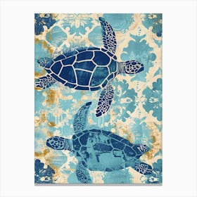 Two Blue Sea Turtles Cyanotype Inspired Canvas Print
