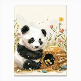 Giant Panda Cub Playing With A Beehive Storybook Illustration 3 Canvas Print