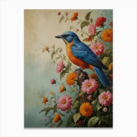 Blue Bird In Flowers Canvas Print