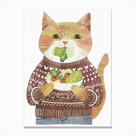 Brown Cat Eating Salad Folk Illustration 1 Canvas Print