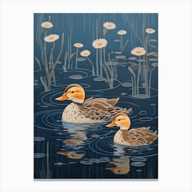 Ducklings In The Water Japanese Woodblock Style 5 Canvas Print