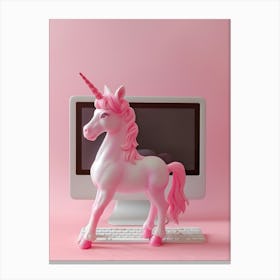 Pink Toy Unicorn On The Computer Canvas Print