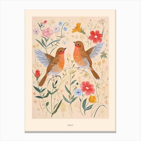 Folksy Floral Animal Drawing Bird 2 Poster Canvas Print