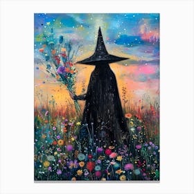 A Witch Watches the Sunrise Gathering Wildflowers | Colorful Witchcraft Painting | Summerween Summer Halloween Spooky Cute Wall Decor | Pagan Print Summer Solstice Litha in HD Canvas Print