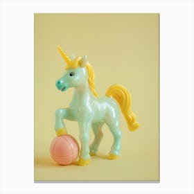 Toy Unicorn Playing Football Yellow Pastel Canvas Print