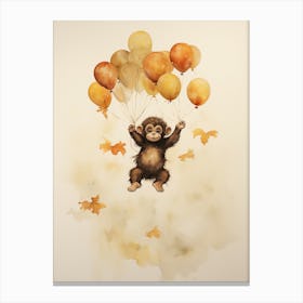 Monkey Flying With Autumn Fall Pumpkins And Balloons Watercolour Nursery 4 Canvas Print