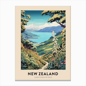 Queen Charlotte Track New Zealand Vintage Hiking Travel Poster Canvas Print