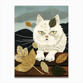 White Cat With Autumn Leaves Canvas Print