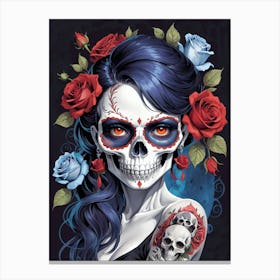 Sugar Skull Girl With Roses Painting (3) Canvas Print