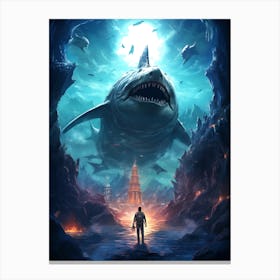 Man Standing In Front Of A Shark 1 Canvas Print