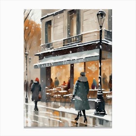 Paris cafes, winter season, Christmas, autumn oil colors, pale colors, pedestrians in the street, winter clothes, falling snow.4 Canvas Print