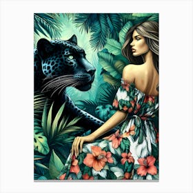 Panther And Woman In Tropical Jungle Leinwandbild