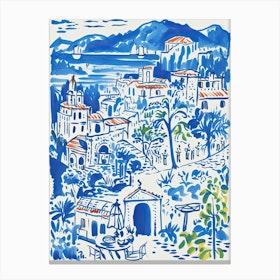Italy, Amalfi Coast Cute Illustration In Blue 2 Canvas Print