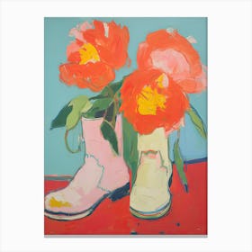 Painting Of Red Flowers And Cowboy Boots, Oil Style 6 Canvas Print