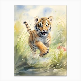 Tiger Illustration Running Watercolour 2 Canvas Print