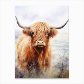 Foggy Highland Watercolour Cow 1 Canvas Print