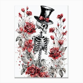 Floral Skeleton With Hat Ink Painting (87) Canvas Print
