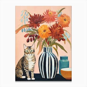 Protea Flower Vase And A Cat, A Painting In The Style Of Matisse 0 Canvas Print