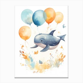 Whale Flying With Autumn Fall Pumpkins And Balloons Watercolour Nursery 1 Canvas Print