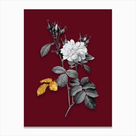 Vintage Autumn Damask Rose Black and White Gold Leaf Floral Art on Burgundy Red n.0597 Canvas Print