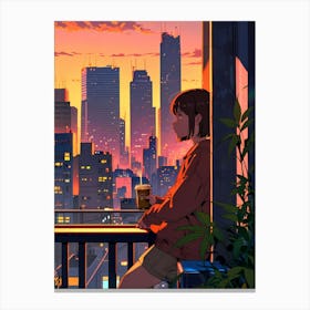 Anime Girl Sitting On Balcony At Sunset Canvas Print