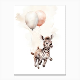 Baby Zebra Flying With Ballons, Watercolour Nursery Art 3 Canvas Print