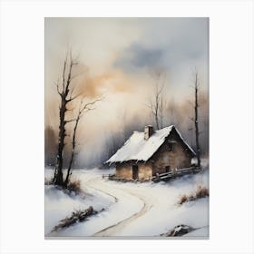 Rustic Winter Oil Painting Vintage Cottage (7) Canvas Print