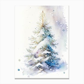 Snowfalkes By Christmas Tree, Snowflakes, Storybook Watercolours 3 Canvas Print