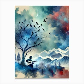 Watercolor Of A Tree With Birds and a musician Canvas Print