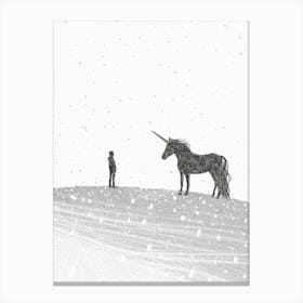 A Unicorn In A Winter Setting Black & White 2 Canvas Print