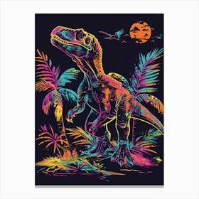 Neon Dinosaur With Palm Trees Canvas Print