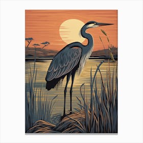 Vintage Bird Linocut Great Blue Heron 8 Canvas Print