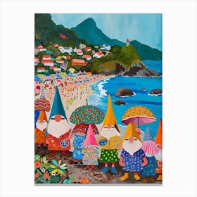 Kitsch Folk Painting Of Gnomes On The Beach 1 Canvas Print