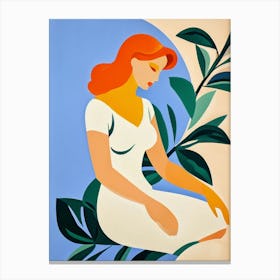 Woman In White Sitting On A Leaf Canvas Print