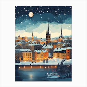 Winter Travel Night Illustration Stockholm Sweden 2 Canvas Print
