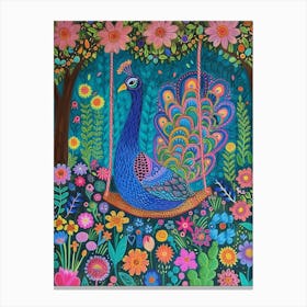 Folky Floral Peacock On A Swing 1 Canvas Print