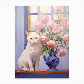 White Cat & Pink Peonies Canvas Print