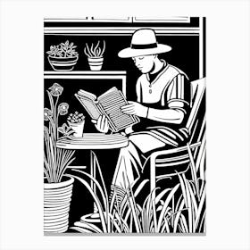 Lino cut Inspired black and white Reading In the Garden Art, Garden Girl Art, Gardening reading, 235 Canvas Print