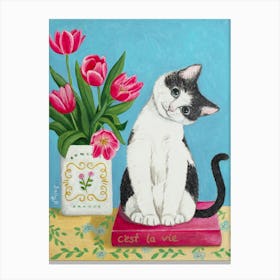 Cat, Book And Tulip Canvas Print
