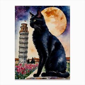 Black Cat at The Leaning Tower of Pisa - Iconic Italy Cityscapes Italian Traditional Watercolor Art Print Beaitiful Kitty Travels Home and Room Wall Art Cool Decor Klimt and Matisse Inspired Modern Awesome Cool Unique Pagan Witchy Witches Familiar Gift For Cats Lady Animal Lovers World Travelling Genuine Works by British Watercolour Artist Lyra O'Brien Canvas Print