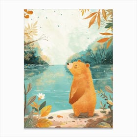 Sloth Bear Standing On A Riverbank Storybook Illustration 1 Canvas Print
