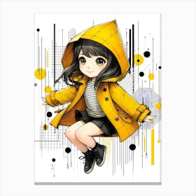 Girl in Yellow Rain Coat - Abstract Line Art Illustration 125 Canvas Print