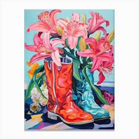 Oil Painting Of Pink And Red Flowers And Cowboy Boots, Oil Style 3 Canvas Print