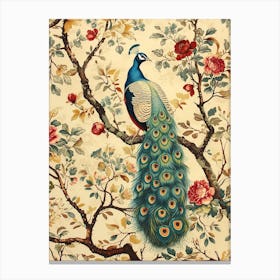 Cream Floral Vintage Peacock 1 Canvas Print