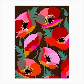 Vibrant Poppies Retro floral Pink Red Green on Brown Canvas Print