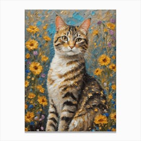 Klimt Style Tabby Cat in Garden Wild Flowers Painting - Gustav Klimt Money Waterlillies Acrylic Feature Gallery Wall HD Canvas Print