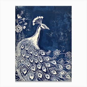 Navy & Cream Linocut Inspired Peacock In The Plants 4 Canvas Print