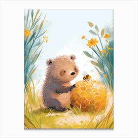 Sloth Bear Cub Playing With A Beehive Storybook Illustration 4 Canvas Print